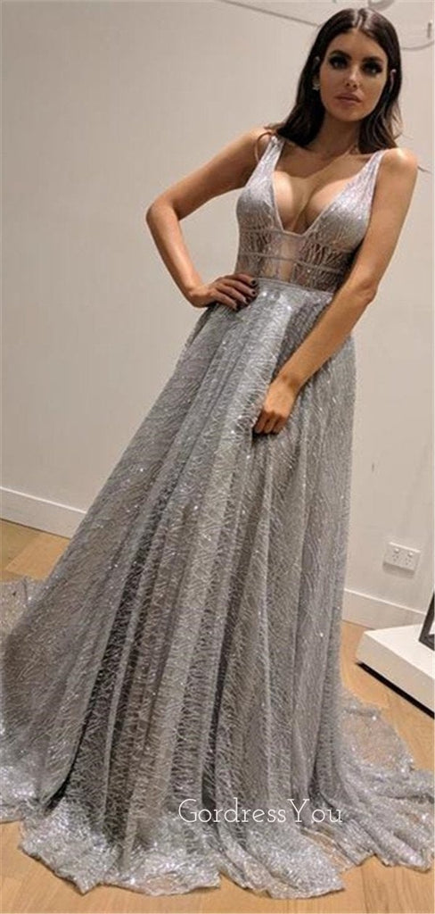 Newest A-line V-neck Sparkly Backless Sexy Long Evening Prom Dresses, PD0565