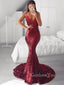 Red Mermaid Sleeveless V Neck Custom Prom Dresses,Sweet 16 Prom Dresses, OL015