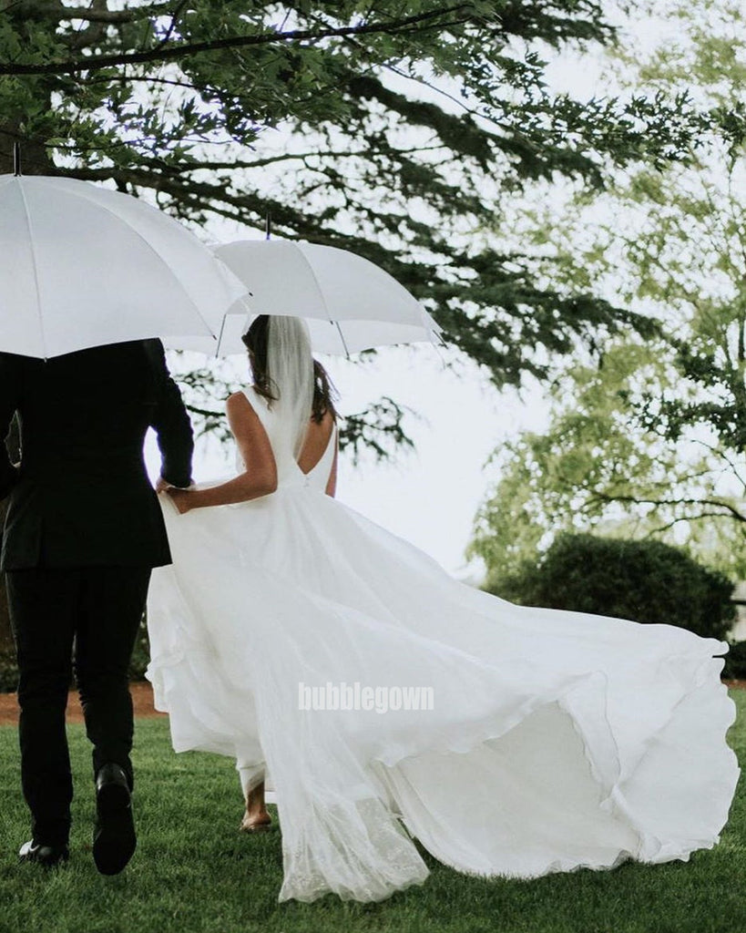 Simple White V-neck A-line Long Wedding Dresses, BGH075